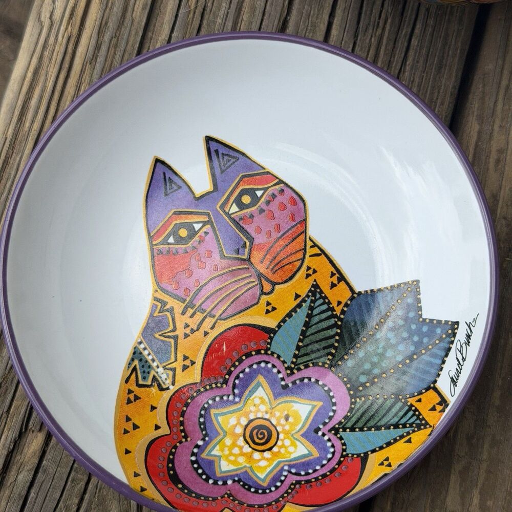 Laurel Burch Cat Floral Ceramic Plate & Bowl Set of 2 Purple 6” - Picture 8 of 14